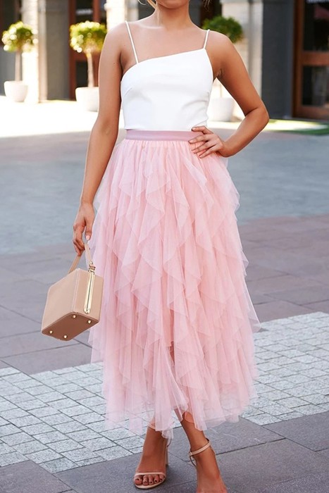 Dreamy Pink Waterfall Tulle Maxi Skirt for Women