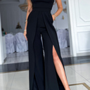 Large New York Black Spaghetti Strap Slit Leg Jumpsuit for Women