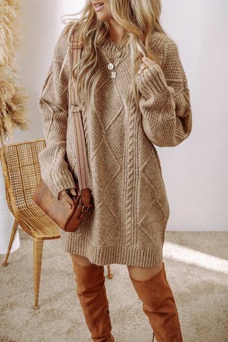 Espresso Cable Knit Loose Fit Shift Sweater Dress for Women