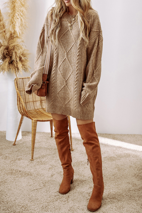 Espresso Cable Knit Loose Fit Shift Sweater Dress for Women