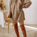 Small Espresso Cable Knit Loose Fit Shift Sweater Dress for Women