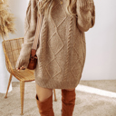 Medium Espresso Cable Knit Loose Fit Shift Sweater Dress for Women
