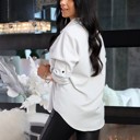  Stripe Roll-Tab Sleeve Pocketed Long Shirt for Women