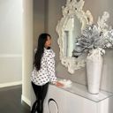  White Bow Knot Print Piping Trim Ruffled Crew Neck Blouse for Women