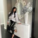  White Bow Knot Print Piping Trim Ruffled Crew Neck Blouse for Women