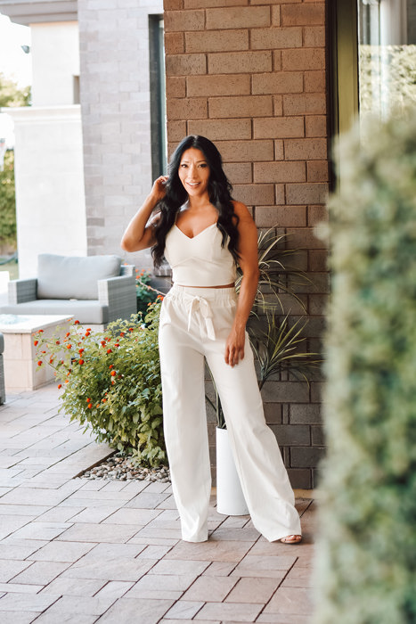 Sofia Beige Two-Piece Pant Set with Elastic Waist for Women