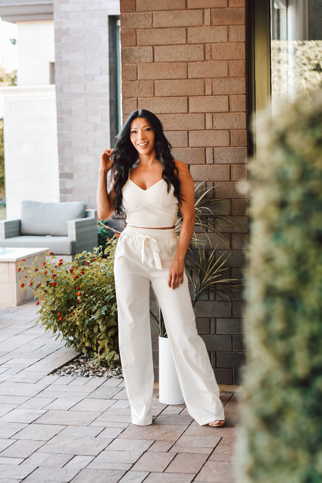 Sofia Beige Two-Piece Pant Set with Elastic Waist for Women