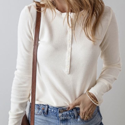 Kelli Waffle Half Button Long Sleeve Top for Women