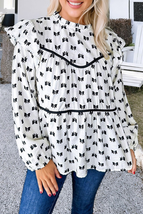 White Bow Knot Print Piping Trim Ruffled Crew Neck Blouse for Women