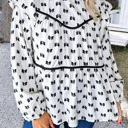 Large White Bow Knot Print Piping Trim Ruffled Crew Neck Blouse for Women