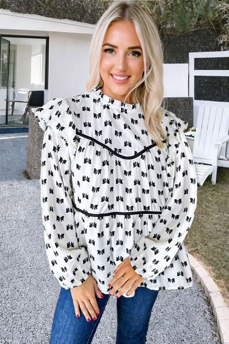 White Bow Knot Print Piping Trim Ruffled Crew Neck Blouse for Women