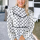 Small White Bow Knot Print Piping Trim Ruffled Crew Neck Blouse for Women