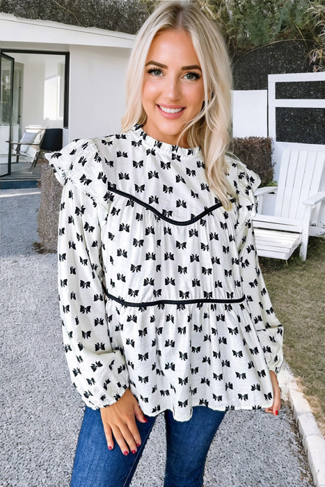 White Bow Knot Print Piping Trim Ruffled Crew Neck Blouse for Women