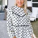 Medium White Bow Knot Print Piping Trim Ruffled Crew Neck Blouse for Women