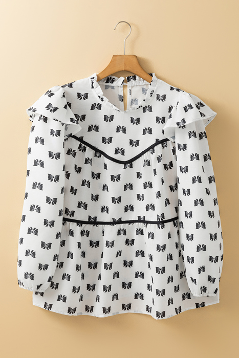 White Bow Knot Print Piping Trim Ruffled Crew Neck Blouse for Women