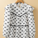  White Bow Knot Print Piping Trim Ruffled Crew Neck Blouse for Women