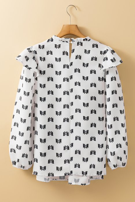 White Bow Knot Print Piping Trim Ruffled Crew Neck Blouse for Women