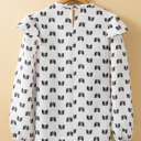  White Bow Knot Print Piping Trim Ruffled Crew Neck Blouse for Women
