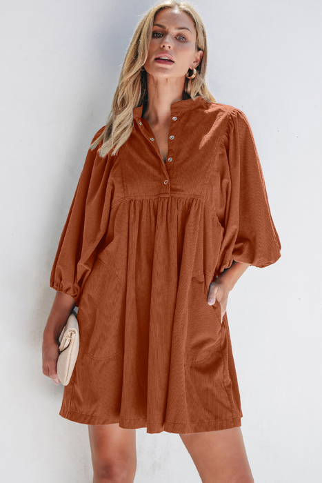 Corduroy Snap Button Empire Waist Bracelet Sleeve Dress for Women