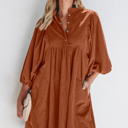  Corduroy Snap Button Empire Waist Bracelet Sleeve Dress for Women
