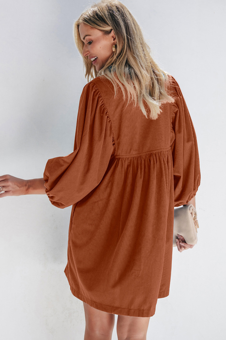 Corduroy Snap Button Empire Waist Bracelet Sleeve Dress for Women