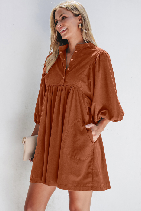 Corduroy Snap Button Empire Waist Bracelet Sleeve Dress for Women