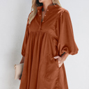  Corduroy Snap Button Empire Waist Bracelet Sleeve Dress for Women