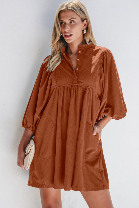 Corduroy Snap Button Empire Waist Bracelet Sleeve Dress for Women