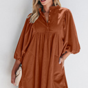  Corduroy Snap Button Empire Waist Bracelet Sleeve Dress for Women