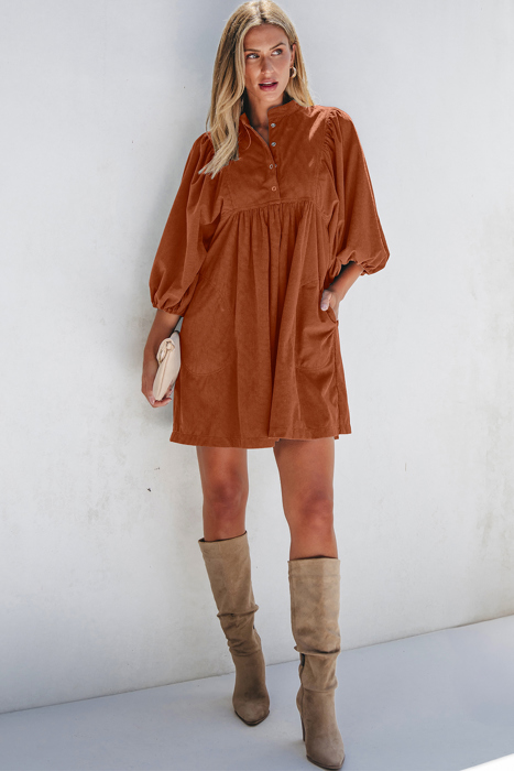 Corduroy Snap Button Empire Waist Bracelet Sleeve Dress for Women