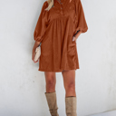  Corduroy Snap Button Empire Waist Bracelet Sleeve Dress for Women