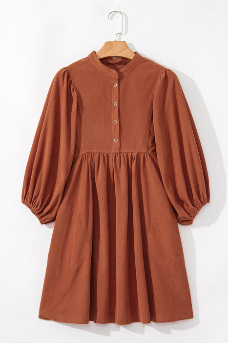 Corduroy Snap Button Empire Waist Bracelet Sleeve Dress for Women