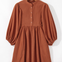  Corduroy Snap Button Empire Waist Bracelet Sleeve Dress for Women