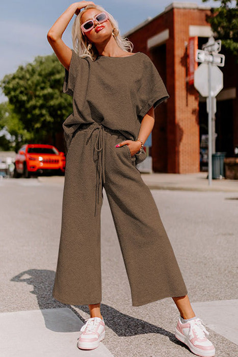 Manhattan Textured Brown Drawstring Pants Set for Women