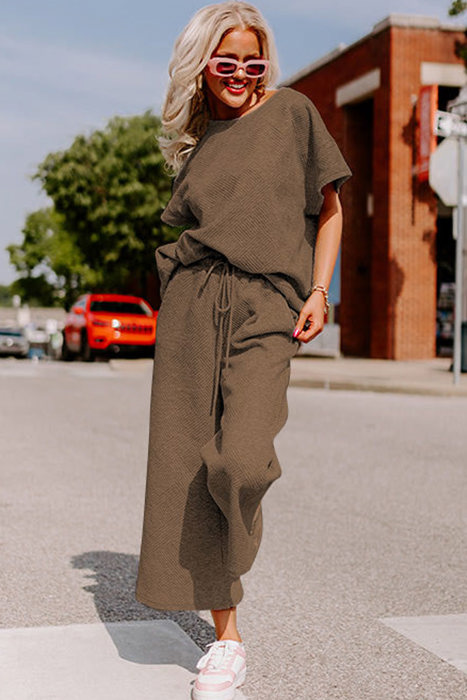 Manhattan Textured Brown Drawstring Pants Set for Women