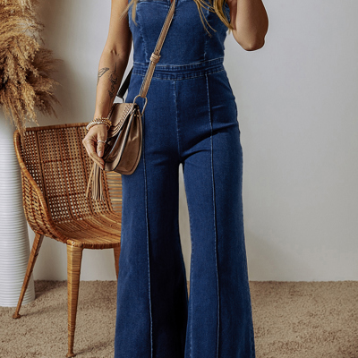 Janie Blue High-Waisted Flared Jumpsuit with Removable Spaghetti Straps | Chic & Comfortable One-Piece