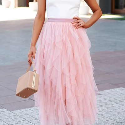 Dreamy Pink Waterfall Tulle Maxi Skirt for Women
