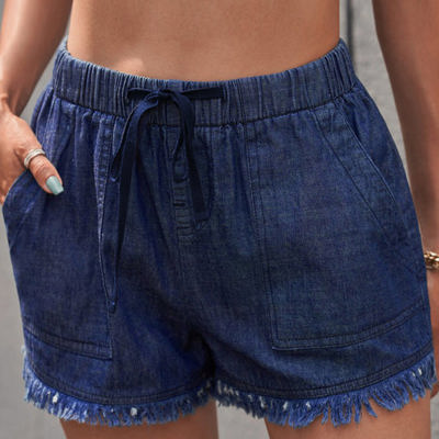 SALE! Denim Frayed Hem Drawstring Shorts
