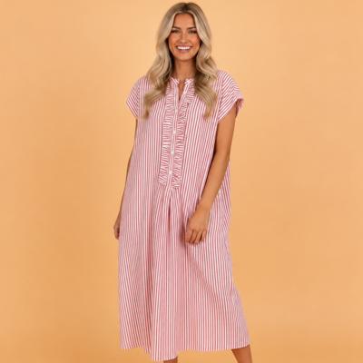 Clearance! Stripe Frilled Half Buttoned Maxi Dress