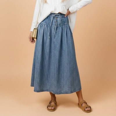 Clearance! Stripe Denim Pleated High Waist Midi Skirt