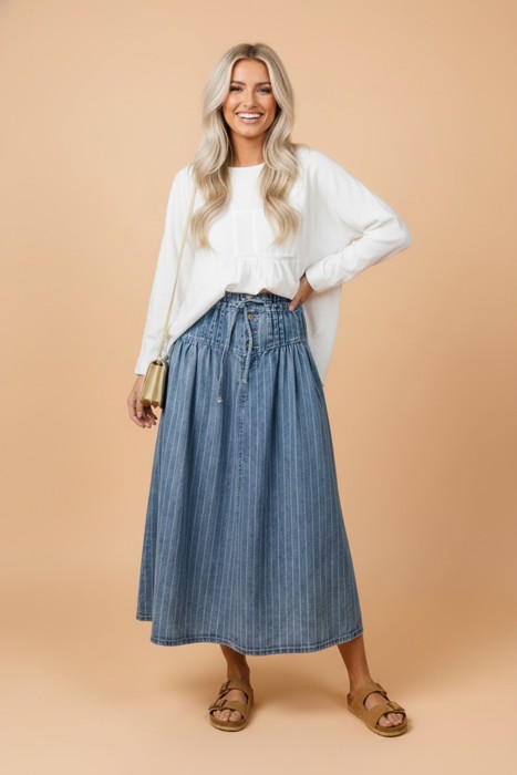 Clearance! Stripe Denim Pleated High Waist Midi Skirt