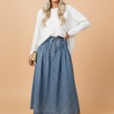  Clearance! Stripe Denim Pleated High Waist Midi Skirt