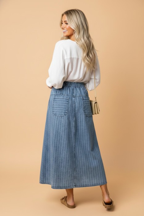 Clearance! Stripe Denim Pleated High Waist Midi Skirt
