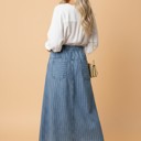  Clearance! Stripe Denim Pleated High Waist Midi Skirt