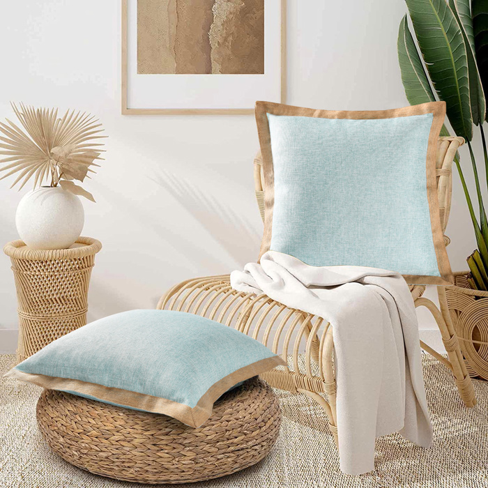 Set of 2 Decorative Throw Pillow Covers 20x20, Linen Pillow Covers with Burlap Trim, Farmhouse Square Cushion Cases for Couch Sofa Bedroom Living Room