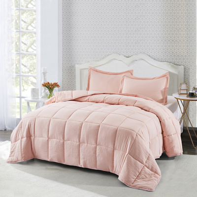 3 Piece Blush Pink Comforter Set, Soft Washed Microfiber Bedding Set with Pillow Shams, Lightweight All Season Quilted Bed Set for Bedroom