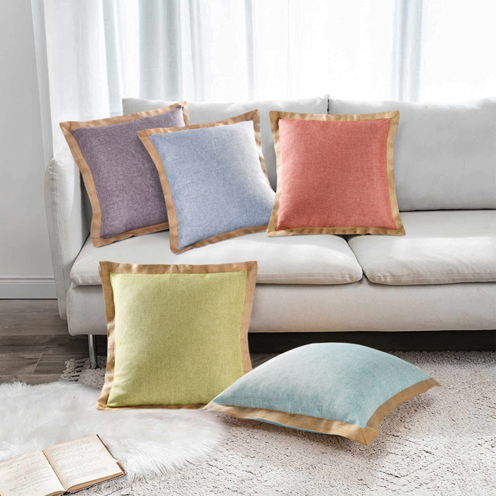 Set of 2 Decorative Throw Pillow Covers 20x20, Linen Pillow Covers with Burlap Trim, Farmhouse Square Cushion Cases for Couch Sofa Bedroom Living Room