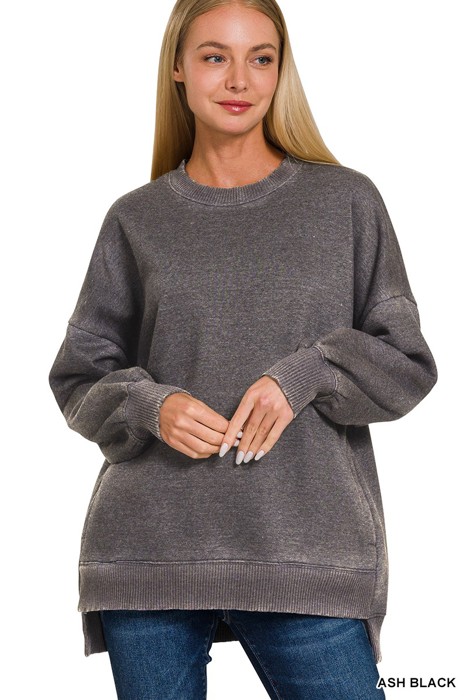 Acid Wash Fleece Hi-low Hem Pullover with Pockets