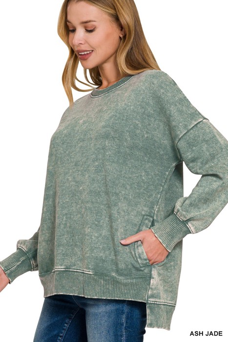 Acid Wash Fleece Hi-low Hem Pullover with Pockets