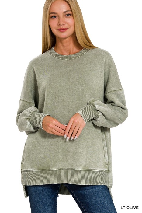 Acid Wash Fleece Hi-low Hem Pullover with Pockets